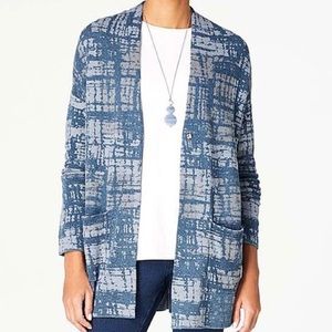 J Jill Indigo Pure Blue Gray Knit Abstract Longer Snap Button Cardigan NWT Small